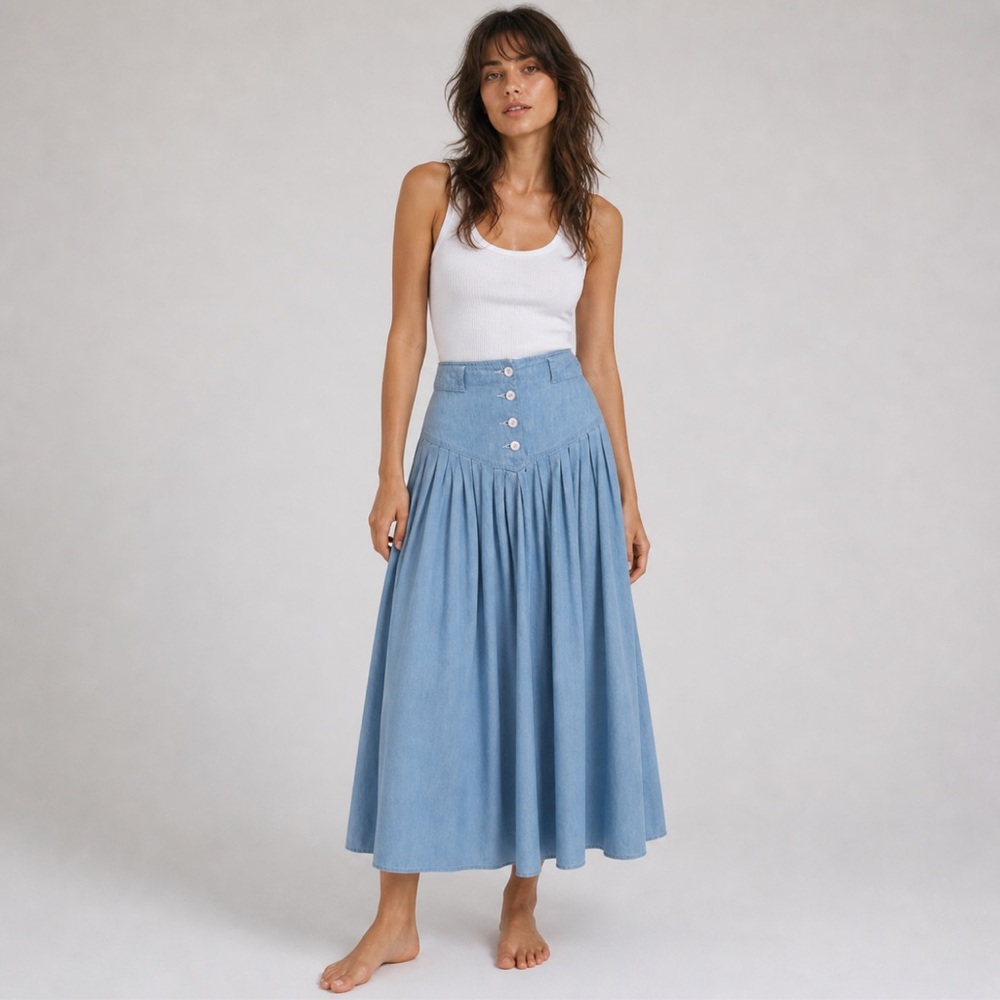 Liz Wear High-Waist Pleated Maxi Skirt Light Blue Button Front | Size 6 (Fits S)